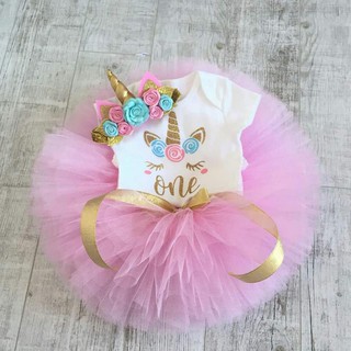 Baby Tutu Unicorn Dress Headband Shoes Set For Girls 1st Birthday Outfit Romper Skirt Shoes Pink New (2)