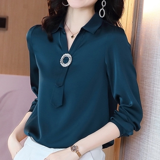 Silk shirt women's long-sleeved new solid color design niche lapels fake tie mulberry silk top