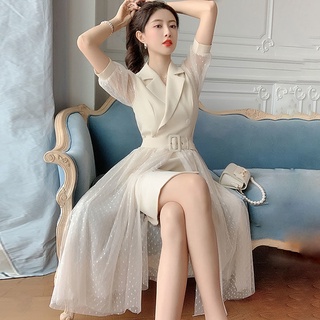 Dress, dress, skirt, long skirt, fairy waist waist suit skirt, female summer light luxury design sense skirt, temperament Yujie Fan mesh two-piece dress