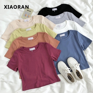 [Real Photo] 8-colors Crop Top Korean Women Summer Comfortable Cotton Stretch Slim Round Neck Short-sleeved T-shirt