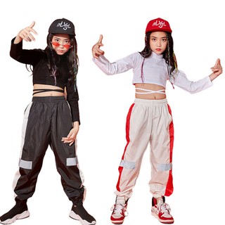 2Pcs Girls Long Sleece Crop Top Jogger Sweatpant Set Kids Hip Hop Clothing Streetwear Jazz Dance Performance Costume