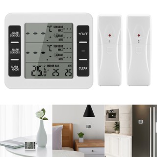 Wireless Digital Audible Alarm Refrigerator Thermometer with 2PCS Sensor Min/Max Display Indoor Outd