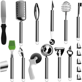 18-piece Kitchen Utensil Set Stainless Steel Essential Manual Kitchen Tools with Pizza Cutter Bottle