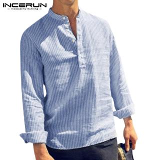 INCERUN Men Casual Baggy Striped V Neck Long Sleeve Shirt
