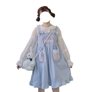 Japanese Vintage Teens Girl Corduroy Dress Mori Girl Lolita Kawaii Bunny Pink Overalls Harajuku Cute