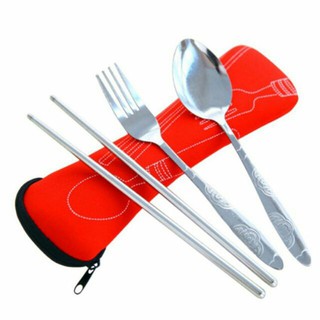 COD DVX #1045 Portable Spoon Fork Chopsticks Utensil Set Stainless Camping Utensils Set Soft Cloth
