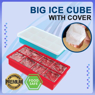 BIG Cubes Ice Giant Tray with cover 8 Holes Silicone Ice Cube Molder Silicon Mold Container BPA Free