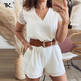 New Fashion White V-Neck Women Playsuits Single Breasted Lace Short Sleeve Rompers Playsuit Female
