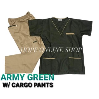 scrub suit set ARMY GREEN w/khaki cargo pants (unisex)