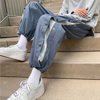 track pants✖✥△(Spot) 2021 New Pants High Street Plaid Row Button Men's Fashion Brand Baggy Track Spr