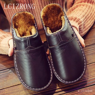 LCIZRONG Leather Home Slippers for Men Winter Warm Plush Slippers Bedroom Genuine Leather Unisex Men