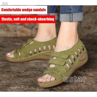 ♛In Stock Original Women's Wedge Leather Sandals Fashion Hollow Velcro Large Size Breathable Anti sl