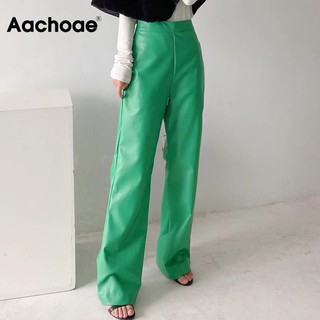 Aachoae Women Solid Color Pu Faux Leather Long Pants High Waits Side Zipper Fly Full Length Pants Fe