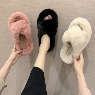 Furry slippers women's autumn 2020 new cross-thickness imitation rabbit fur flat-bottom casual wear