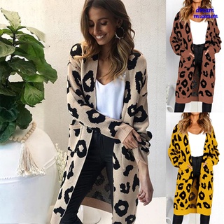 Ready stock Women Loose Long Cardigan Leopard V-neck Pockets Autumn Winter Knitting Sweater Coat