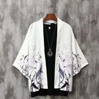 Casual Kimono Haori For Men Japanese Fashion Male Kimonos Samurai Crane Printed Shirt Men's Plus Size Clothes