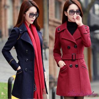Women Double Breasted Wool Coat Slim Long Winter Jacket