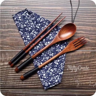 [Japanese Styled] 4in1 Set Utensil Set Dark Bamboo Wood/Spoon/Fork/Chopsticks/Printed Pouch