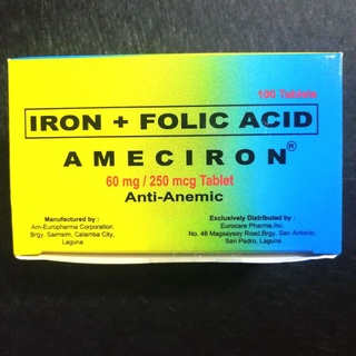 □۩✒Ameciron iron + folic acid 60 mg/ 250 mcg 100 tablets ferrous sulfate ferolitab