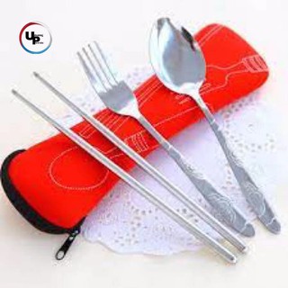 UNANGPWESTO 3pcs/ Set Portable Stainless Steel Spoon Fork Chopsticks Set Travel Cutlery