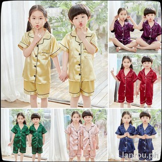 ☈◐✵4-14years Silk Terno Pantulog for Kids Satin Pyjamas Short Sleeve Baju Boys Sleepwear Girls Pajamas Suit