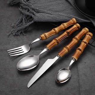 Creative high quality bamboo cutlery set stainless steel spoon fork teaspoon dessert fork spoons dinerware set