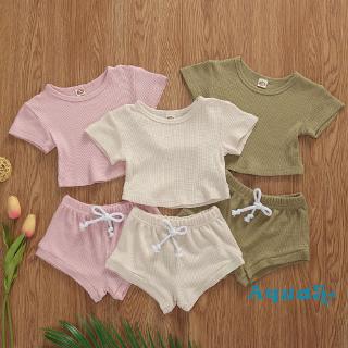 ✿ℛSummer Baby Girls Boys Outfits Solid Color Short Sleeve T Shirt + Shorts Clothing Set