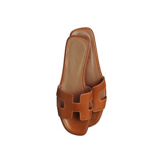 Hermes Oran Tan Beige Brown Flats Mule Slipper Leather Sandals Slippers Slide Slides