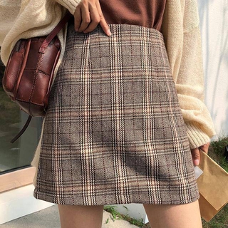 Korean Retro Plaid Skirt Women's Casual Slim High Waist Bag Hip A-line Skirts