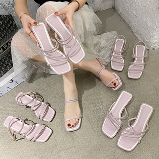 selipar--Summer 2020 new word with thick-heeled purple sandals Fairy air-toe high-heeled two-look cool slippers