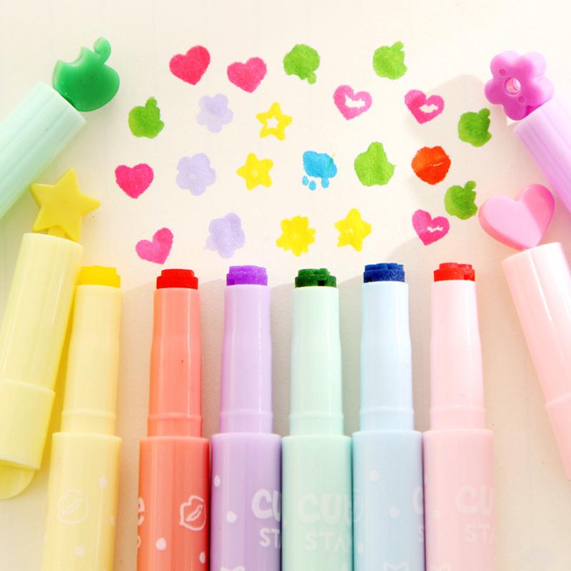 12-color Color Highlighter Seal Cute Pattern Watercolor Note Pen
