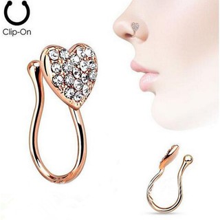 CZ Heart Nose Clip On Ring Hoop Fake Non Piercing