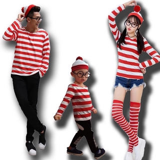 Where's Wally Cosplay Costume Suit Wally T-shirt Long Sleeve Top Suit Party Parent-child Outfit Set Christmas Costume Style