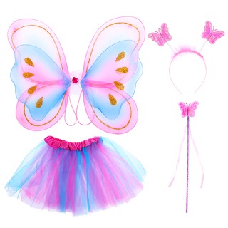 4Pcs Kids Fairy Princess Butterfly Wing Wand Headband Tutu Skirt Party Costume