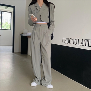 Suit Two-Piece Short Version Long Sleeve Chic Coat Thin Grey Black High Waist Wide Leg Pants