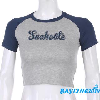 ❀ℳay-Short Sleeve Color Block Crop Top Summer Fashion Letter Print T-shirt for Women (4)