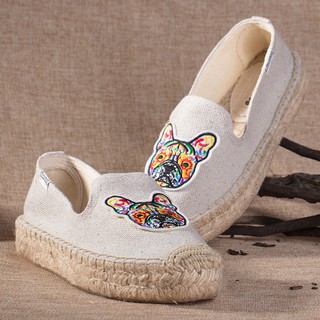 Fisherman shoes thick bottom explosion models beige bulldog dog head electric embroidered straw shoe
