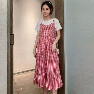 Korean Fashion Plaid Pregnant Women Dress Short Sleeve Cotton Loose Casual Maternity Dress