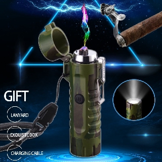 Green Flashlight Lighter Outdoor Waterproof Dual Arc Lighter Camouflage Green Rechargeable COD