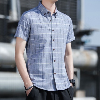 ✉♦Summer plaid shirt fashion plaid simple Hong Kong style trend ins men s youth shirt Korean casual
