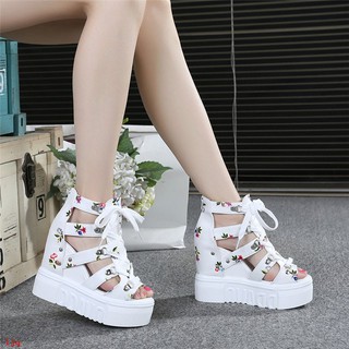 ✸✜2018 summer new small floral lace-up muffin bottom women's sandals sexy shoes with increased