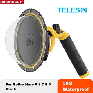 (Ready Stock) TELESIN 30M Waterproof 6'' Dome Port Underwater Housing Case Cover With Floating Handle Trigger For GoPro Hero 9 8 7 6 5 Black (1)