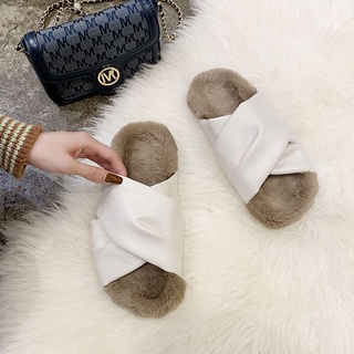 Thick Feather Plush Slippers Women Wear Open Toe Word Drag