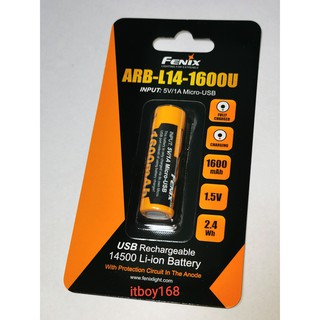 Li-ion 14500 (AA size) battery, Fenix, ARB-L14-1600U, 1600mAh, 1.5V, micro-usb charging port