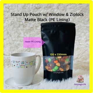 25pcs Stand Up Plastic Pouch with Zip & Window Matte Black PE Lining