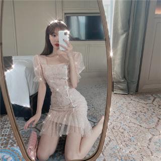 Dress Beaded Flower lace mesh embroidery puff sleeve short sleeve cheongsam vintage dress (6)