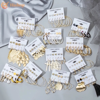 Fashion Gold Oversized Earring Set Pearl Crystal Tassel Stud Earrings Women Jewelry Accessories