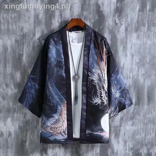 ♘☑Japanese retro Ukiyo Dragon Robe, Chinese style improved Han element kimono, Daopao cardigan, loose coat, feather knitted man (1)