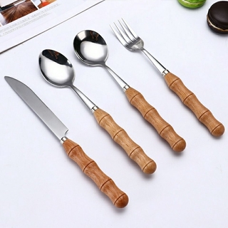 Wooden Handle Stainless Steel Cutlery Japanese Korean INS Western Steak Knife Nature Wood Tableware Spoon Fork