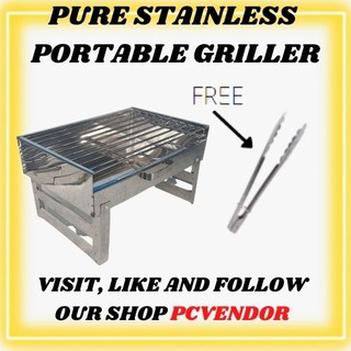 EASY TO USE PURE STAINLESS PORTABLE AND FOLDABLE GRILLER WITH FREE TONG / HEAVY DUTY GRILLER